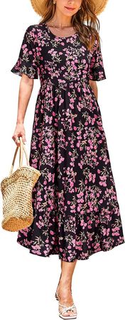 STYLEWORD Womens Summer Dresses 2024 Casual Short Sleeve Crewneck Tiered Flowy Midi Dress Long Beach Sundress with Pockets at Amazon Women’s Clothing store