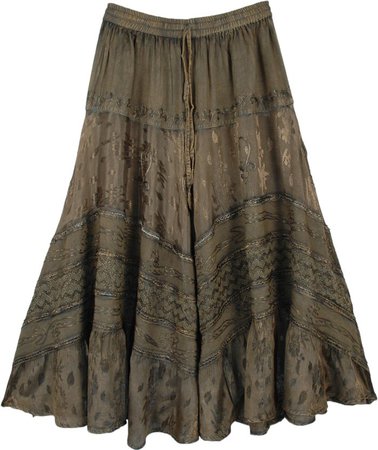 Millbrook Rayon Embroidered Western Skirt with Drawstrings | Green | Crochet-Clothing, Patchwork, Stonewash, Junior-Petite, Misses, Tiered-Skirt, Dance, Fall, Solid,Western-Skirts
