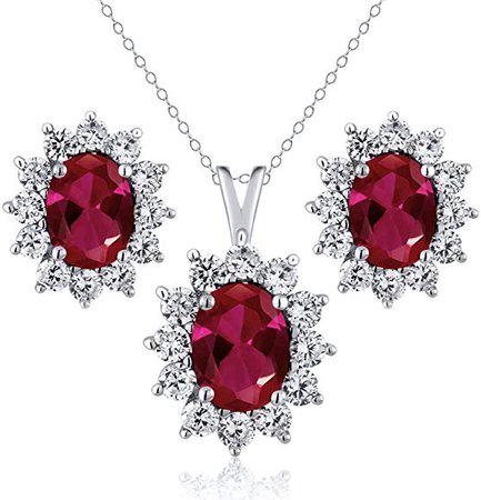 Sterling Silver Red Created Ruby Pendant Earrings Set