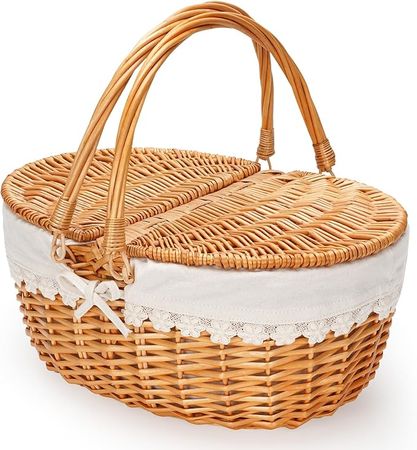 Amazon.com: Wicker Picnic Basket with Removable Liner, Empty Picnic Baskets with Lid, Vintage-Style Picnic Hamper with Folding Woven Handle for Picnic, Camping, Outdoor, Halloween, Thanks Giving, Birthday (Cream) : Patio, Lawn & Garden