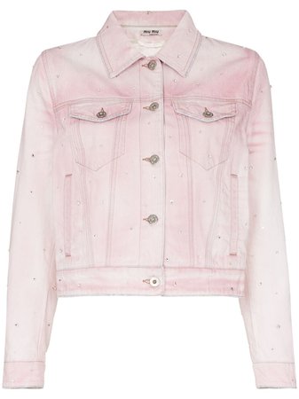 Miu Miu crystal-embellished denim jacket pink