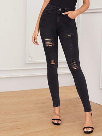 Black Wash Distressed Skinny Jeans | SHEIN USA