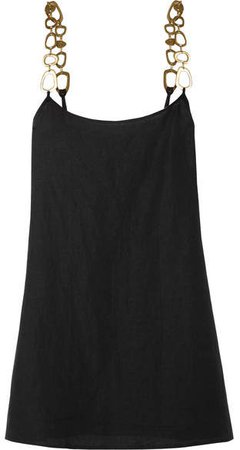 Chain-embellished Linen-blend Mini Dress - Black