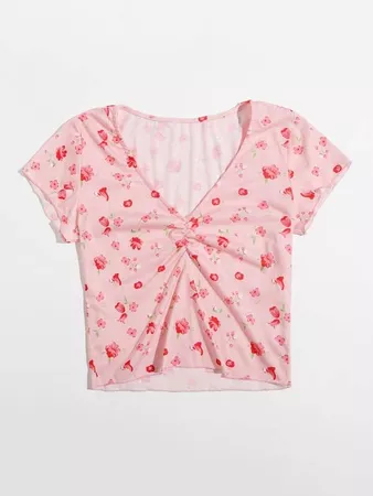Ruched Detail Floral Print Tee | SHEIN USA pink