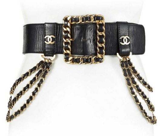 Chanel Black leather chain belt 75