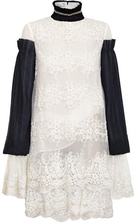 JIRI KALFAR - White Embroidered Dress With Black Pleated Sleeves