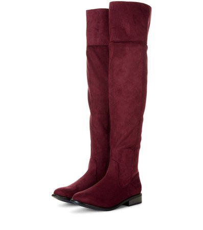 Burgundy Suedette Flat Over The Knee Boots | New Look
