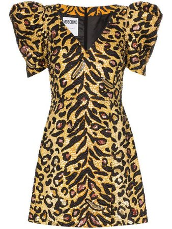 Moschino Leopard Print Poof Sleeve Sequin Mini Dress - Farfetch