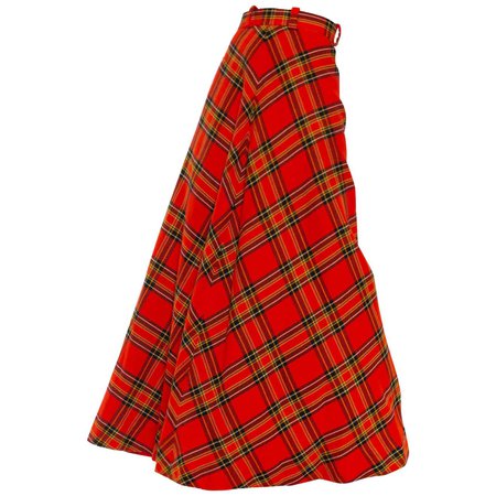 1970S Black and Red Wool Blend Tartan Bias Cut Maxi Skirt For Sale at 1stDibs