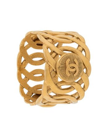 Shop gold Chanel Pre-Owned 1975-1985 cut-out CC cuff with Express Delivery - Farfetch