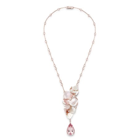 NUAGE DE FLEURS necklace with a 19.75 ct pear pink morganite and mother-of-pearls, paved with diamonds, on pink gold