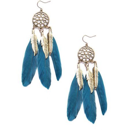 Blue Feather & Gold Dream Catcher Hanging Earrings