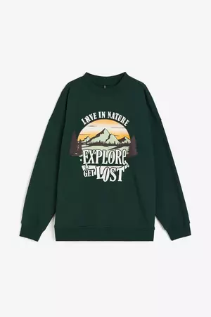 Oversized Sweatshirt with Motif - Dark green/mountain - Ladies | H&M US