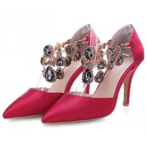 Hot Pink Satin Evening Shoes Jeweled Closed Toe Double D'orsay Pumps for Wedding, Big day, Honeymoon | FSJ