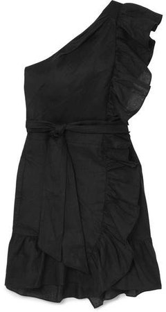 Teller One-shoulder Ruffled Linen Mini Dress - Black