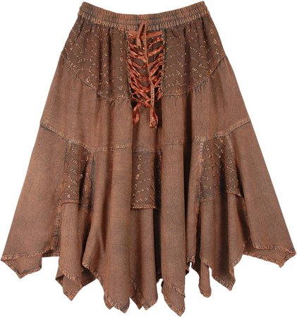 Hawaiian Tan Lace Up Handkerchief Hem Skirt Midi Length | Bronze | Lace, Handkerchief, Peasant, Vacation, Dance, Fall, Solid, Bohemian,Western-Skirts