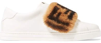 Shearling-trimmed Leather Sneakers - White