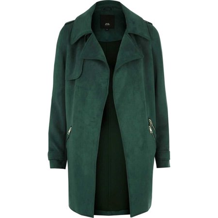 Dark green faux suede longline trench jacket