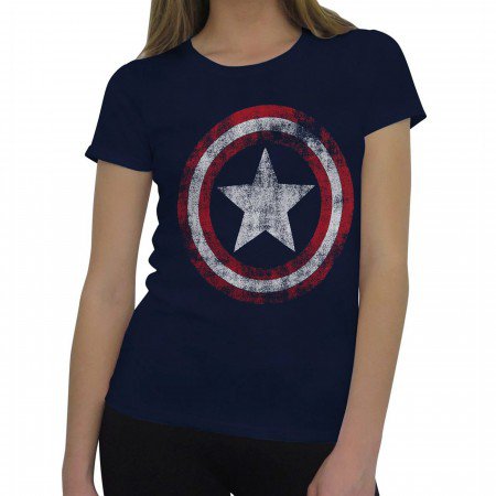 Captain America Women Distressed Shield Navy T-Shirt
