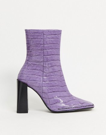 ASOS DESIGN Erico premium leather patent heeled boots in purple croc | ASOS