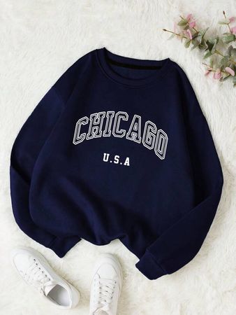 shein SHEIN EZwear Letter Graphic Thermal Lined Sweatshirt, SHEIN USA