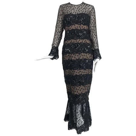 Bill Blass Black Lace Dot Silk Chiffon Mermaid Gown with Sequins, 1980s For Sale at 1stDibs