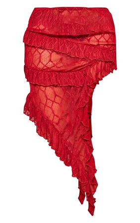 Red Sheer Textured Ruffle Asymmetric Mini Skirt | PrettyLittleThing AUS