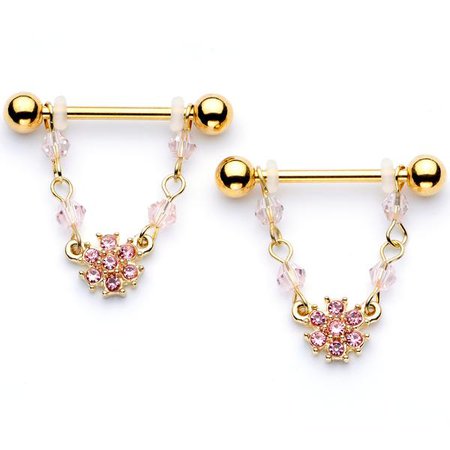 14 Gauge 5/8 Pink Gem Gold Tone Dainty Flower Dangle Nipple Ring Set – BodyCandy