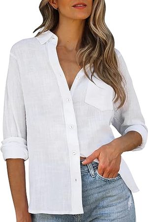 Womens V Neck Button Down Shirt Cotton Linen Long Sleeve Casual Blouse Loose Fit Tops at Amazon Women’s Clothing store