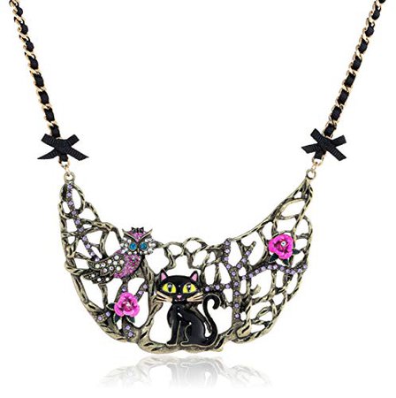 Betsey Johnson "Enchanted Forest Cat and Owl Half Moon Necklace, 20": Jewelry