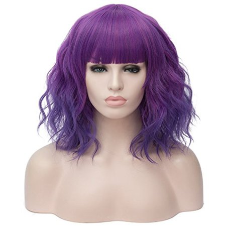 Alacos Fashion 35cm Short Curly Bob Anime Cosplay Wig Daily Party Christmas Halloween Synthetic Heat Resistant Wig for Women +Free Wig Cap (Purple Ombre)