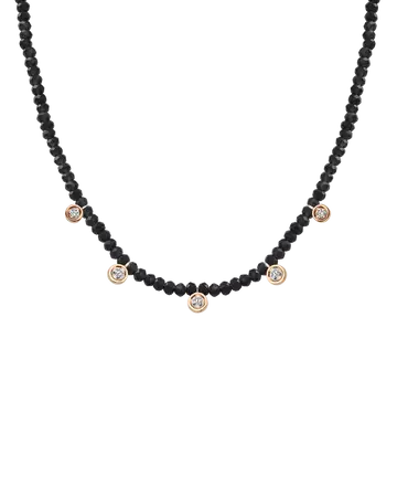 Black Spinel Gemstone & Five diamonds Necklace - 14K Rose Gold