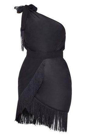 Black Asymmetric Fringe Beach Dress | PrettyLittleThing
