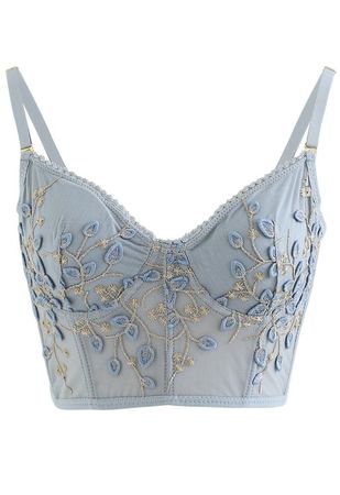 Branch Embroidered Mesh Bra Top in Dusty Blue - Retro, Indie and Unique Fashion