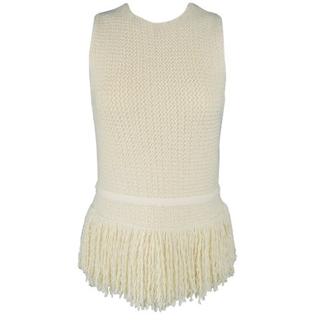 CELINE Size S Beige Wool Blend Knit Sleeveless Fringe Dress Top For Sale at 1stdibs