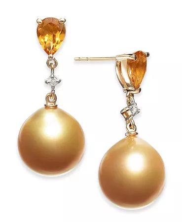 Macy's Cultured Baroque Golden South Sea Pearl (12mm) & Citrine (1-1/3 ct. t.w.) & Diamond (1/20 ct. t.w.) Drop Earrings in 14k Gold