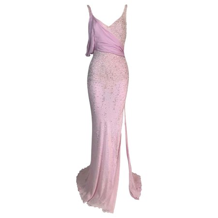 S/S 2005 Atelier Versace Runway Pink Silk Beaded High Slit Gown Dress For Sale at 1stDibs