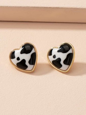 Cow Print Heart Stud Earrings | SHEIN USA