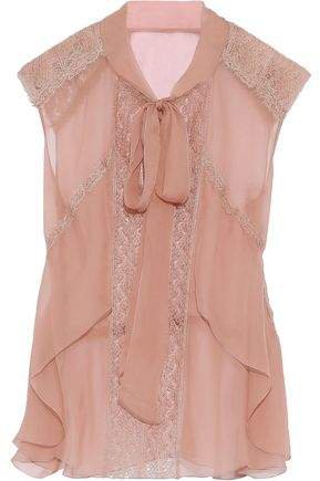 Pussy-bow Lace-trimmed Silk-chiffon Blouse