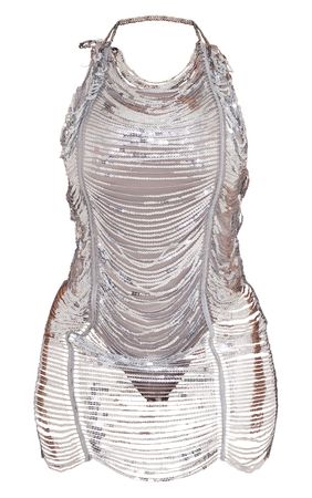 Shape Silver Drape Sequin Bodysuit Mini Dress | PrettyLittleThing USA