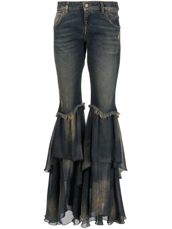 ━━ ❝ flared denim jeans with chiffon ruffles (in dark blue)┊blumarine