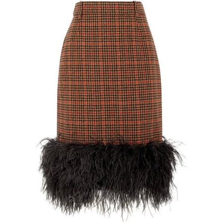Prada Feather-trimmed checked wool-blend tweed skirt