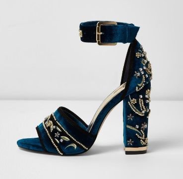 River Island Blue Velvet Embellished velvet block heel sandal