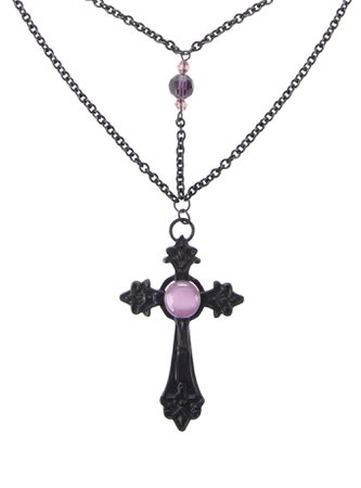 LOVEsick Black Purple Stone Gothic Cross Necklace