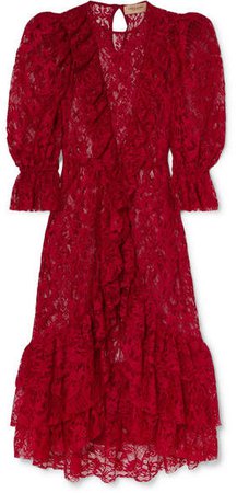 Bacio Ruffled Lace Midi Dress - Red