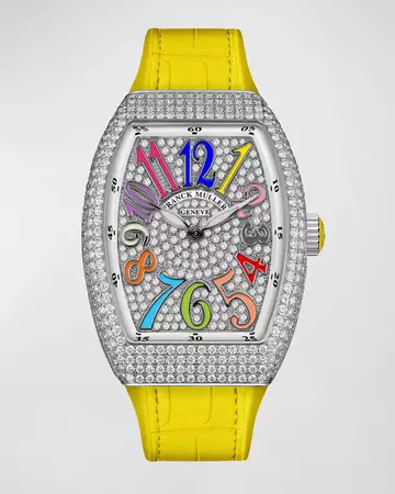 Franck Muller 32mm Stainless Steel Vanguard Color Dreams Diamond Watch with Yellow Alligator Strap | Neiman Marcus
