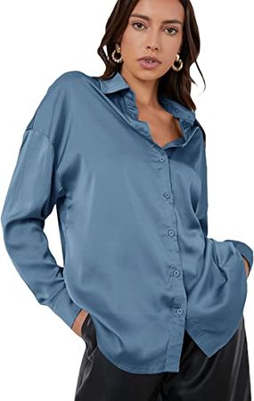 SheIn Women's Long Sleeve Satin Blouse Button Solid Drop Shoulder Shirt Tops at Amazon Women’s Clothing store