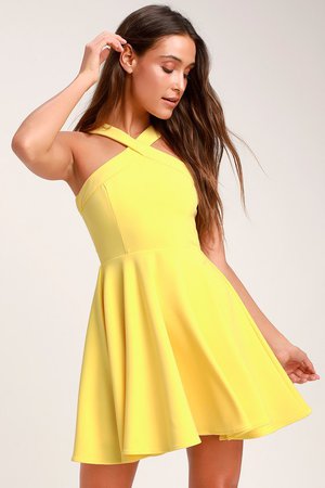 Chic Yellow Dress - Skater Dress - Halter Dress - Short Dress