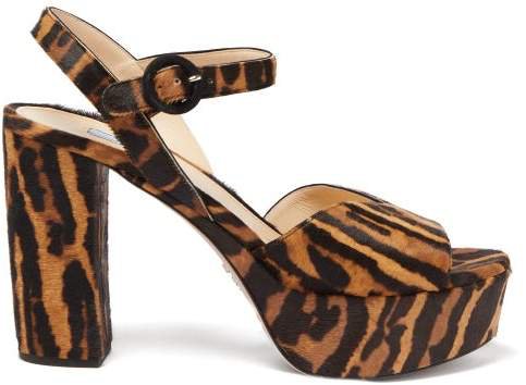 Tiger Print Calf Hair Platform Sandals - Womens - Brown Multi
