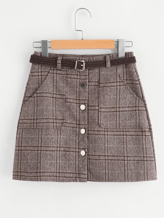 Single Breasted Checked Skirt With Belt